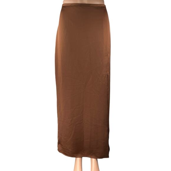 Club Monaco Dresses & Skirts - Club Monaco Trycia Brown Silk Satin Slit Zip Midi Straight Pencil Slip Skirt 8